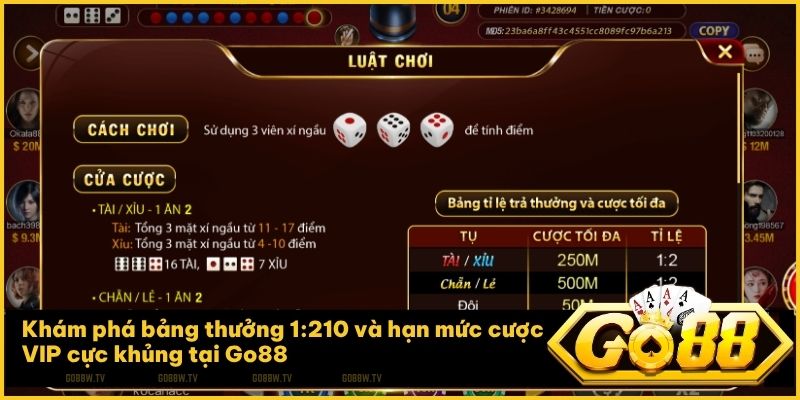 Go88 hỗ trợ hạn mức cược lên đến năm trăm triệu đồng cho các bài thủ
